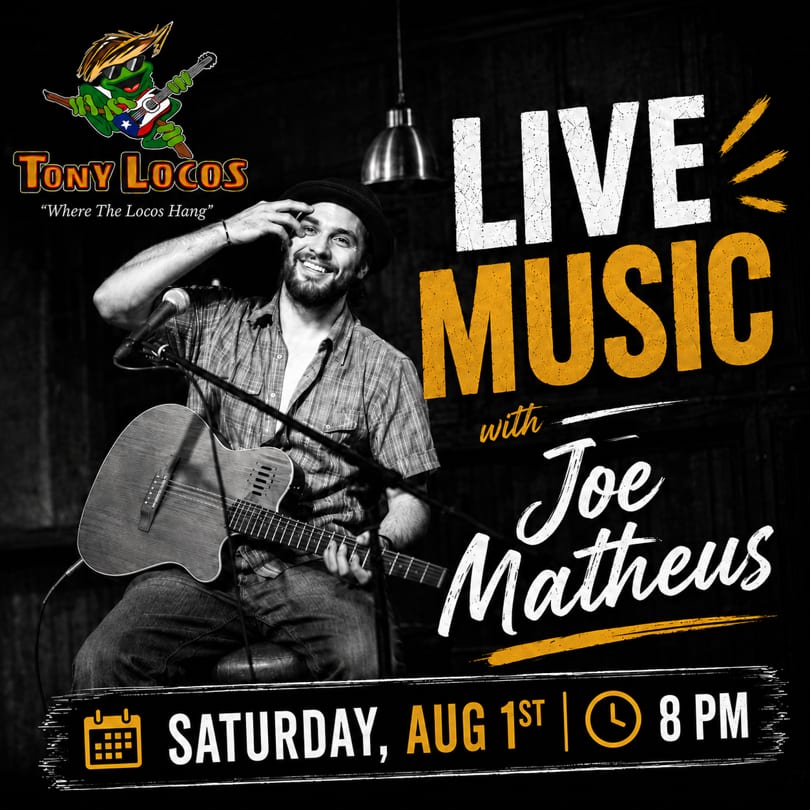 Joe Matheus, a smiling man in a hat, playing an acoustic guitar at Tony Locos.