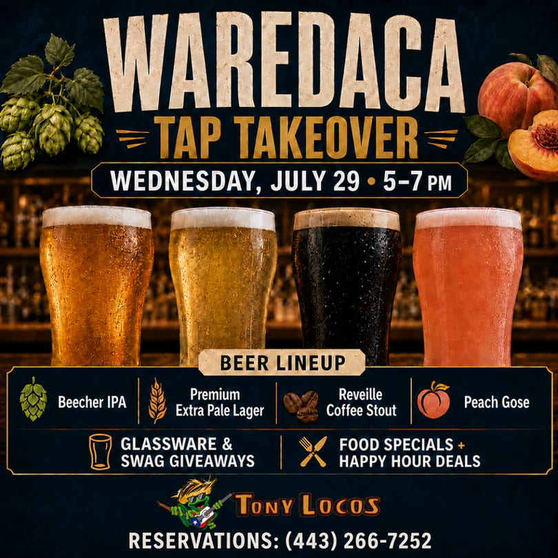 Four glasses of beer, from light to dark, with hops and peaches, advertising a Waredaca Tap Takeover.