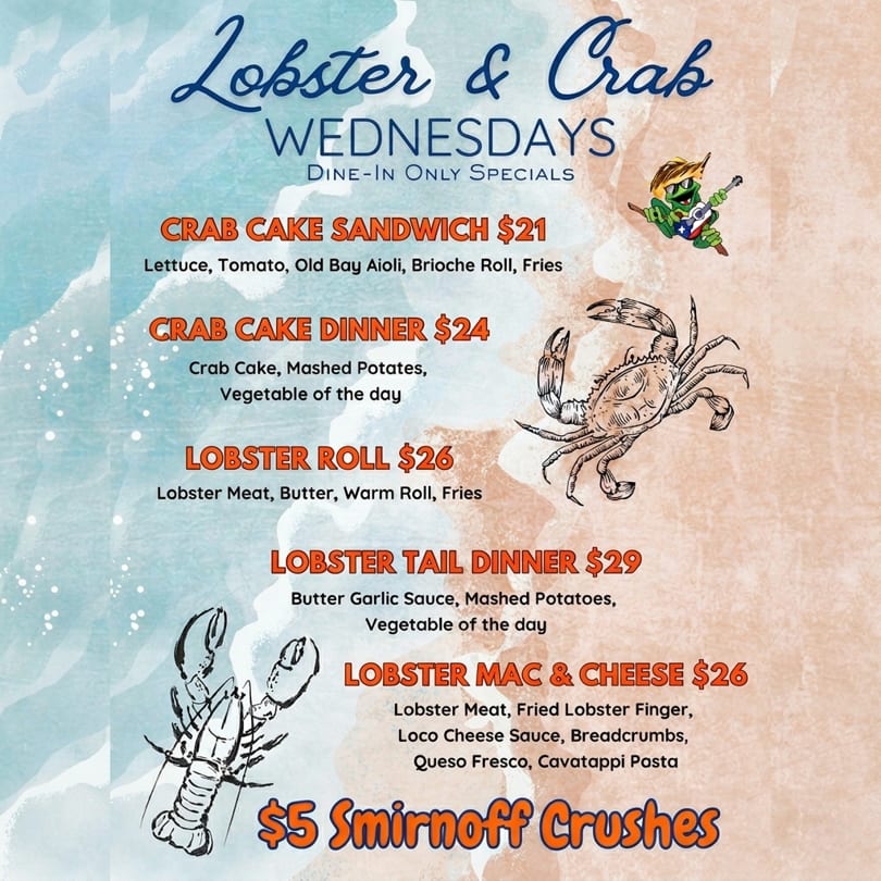Lobster & Crab Wednesdays menu with prices, dishes, and illustrations of a lobster, crab, and frog.