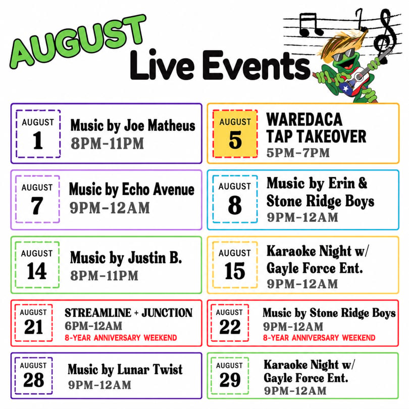 August live events schedule with music and karaoke nights, featuring a frog playing guitar.