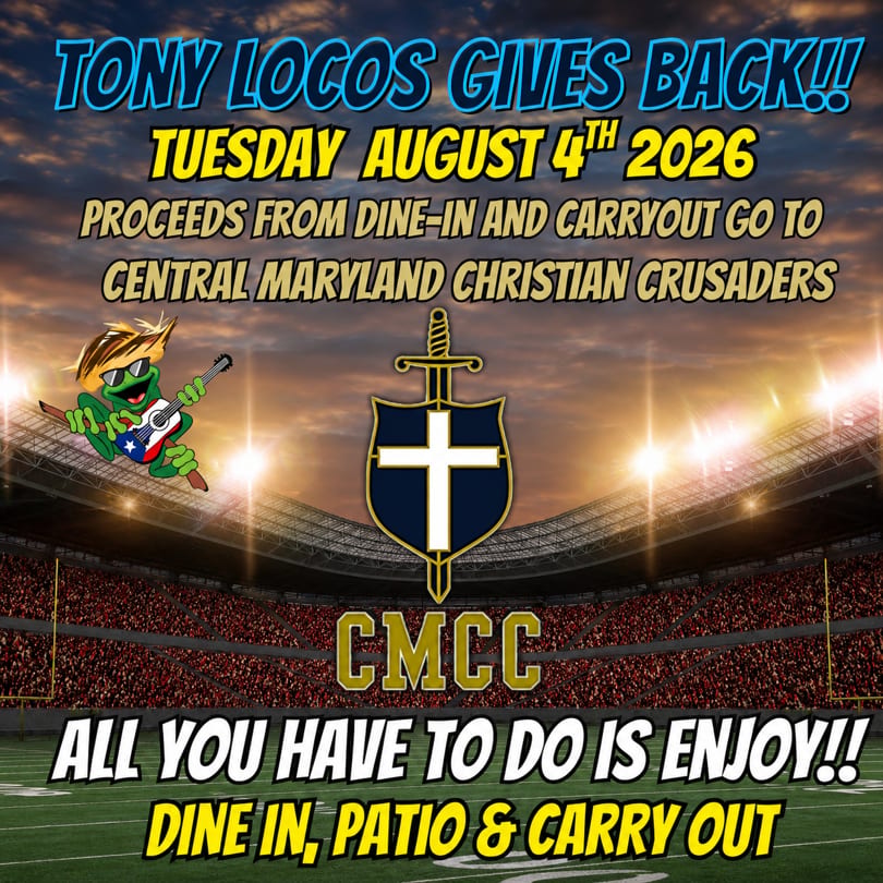 Tony Locos Gives Back event poster with a frog mascot, CMCC logo, and stadium background.