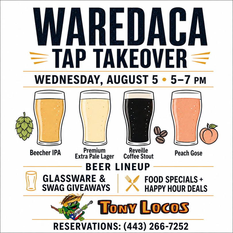Waredaca Tap Takeover event flyer with four beer glasses, hops, coffee beans, and a peach.