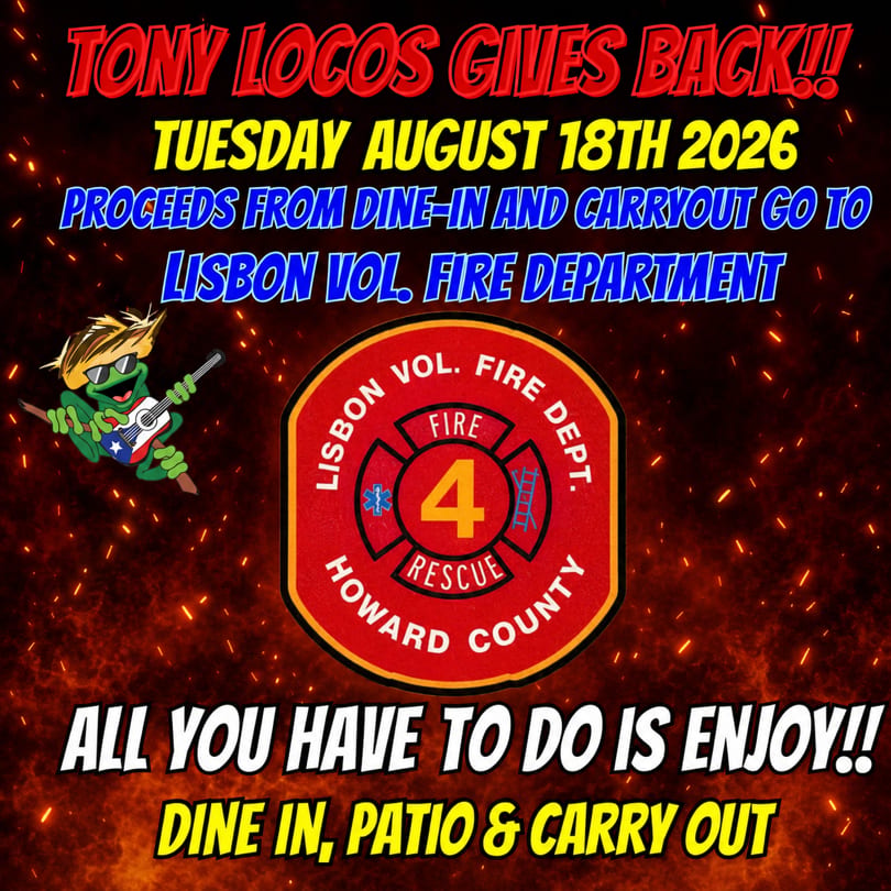 Tony Locos restaurant flyer for a fundraiser benefiting the Lisbon Volunteer Fire Department.
