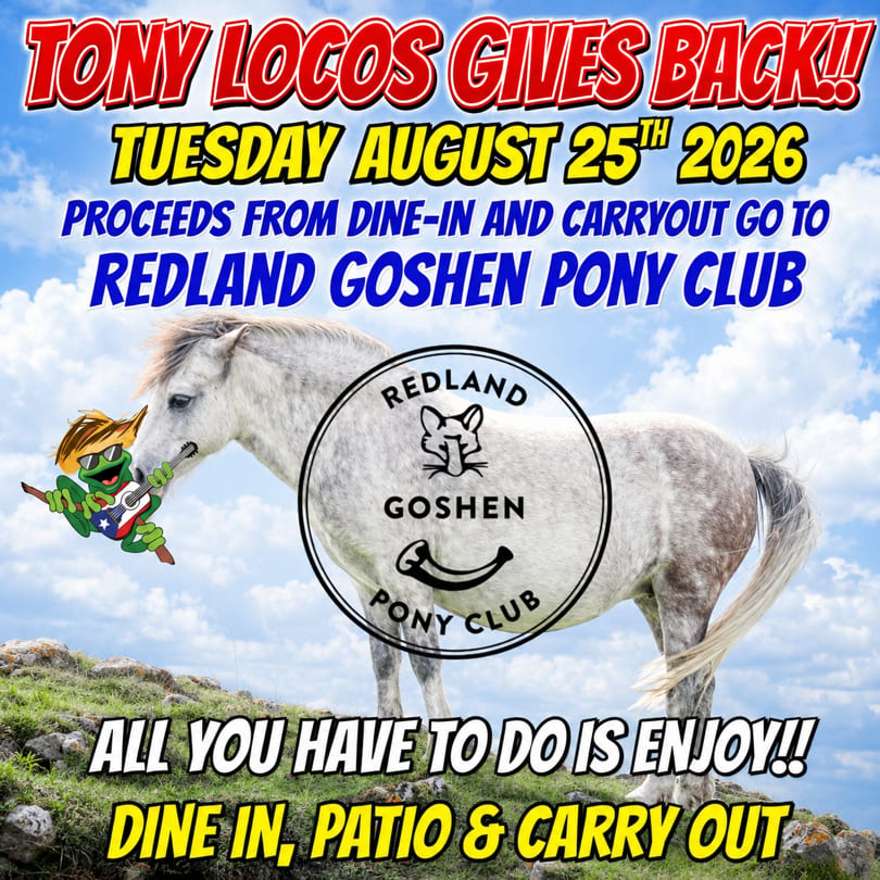 A white horse with a Redland Goshen Pony Club logo, and a frog playing guitar, against a blue sky.
