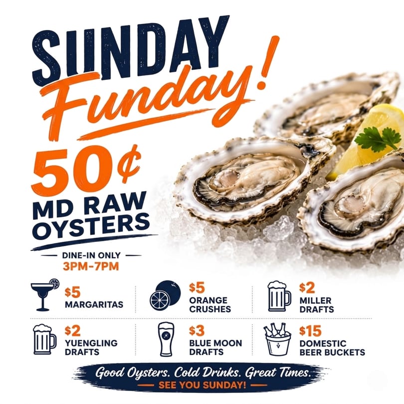 Three raw oysters on ice with a lemon wedge and parsley, advertising Sunday Funday specials.